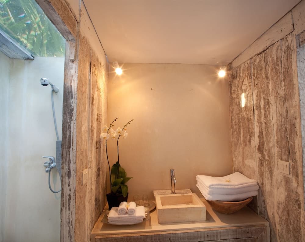 A serene bathroom with rustic wooden walls, a minimalist sink, neatly folded towels, and a potted orchid creates an inviting spa-like atmosphere ideal for relaxation and wellness retreats.