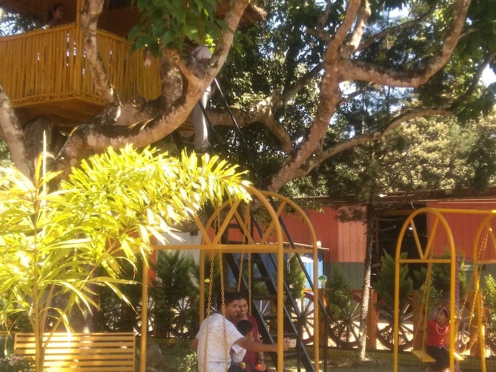 A vibrant family-friendly park features a cheerful yellow swing set under lush greenery, with a treehouse and colorful foliage enhancing the playful and serene atmosphere ideal for family outings.