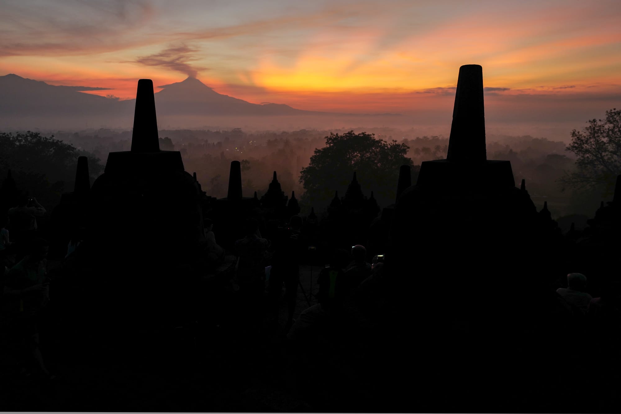 Borobudur sunrise over the temple stupas in Central Java