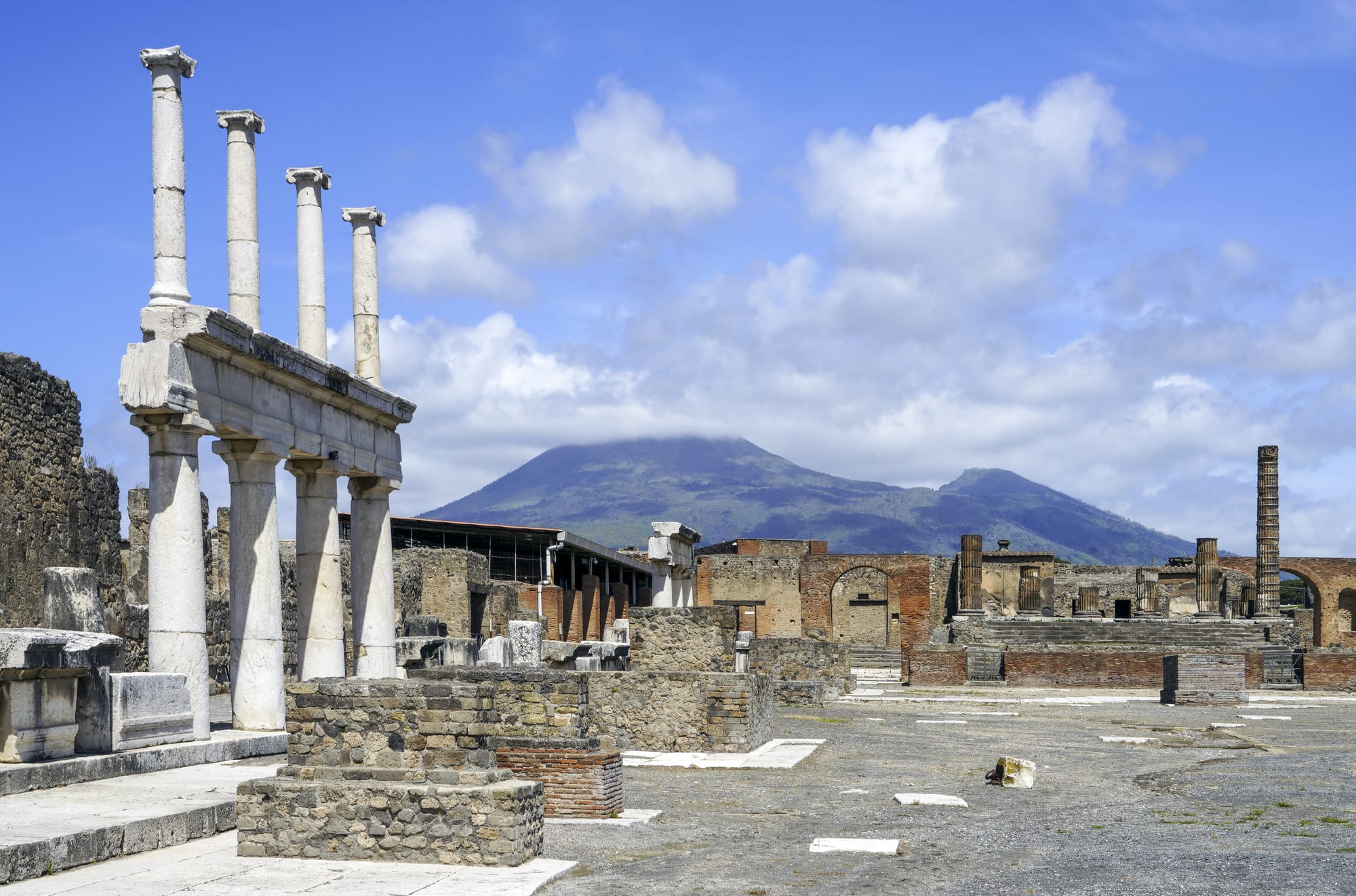View across the Pompeii forum with Mount Vesuvius behind