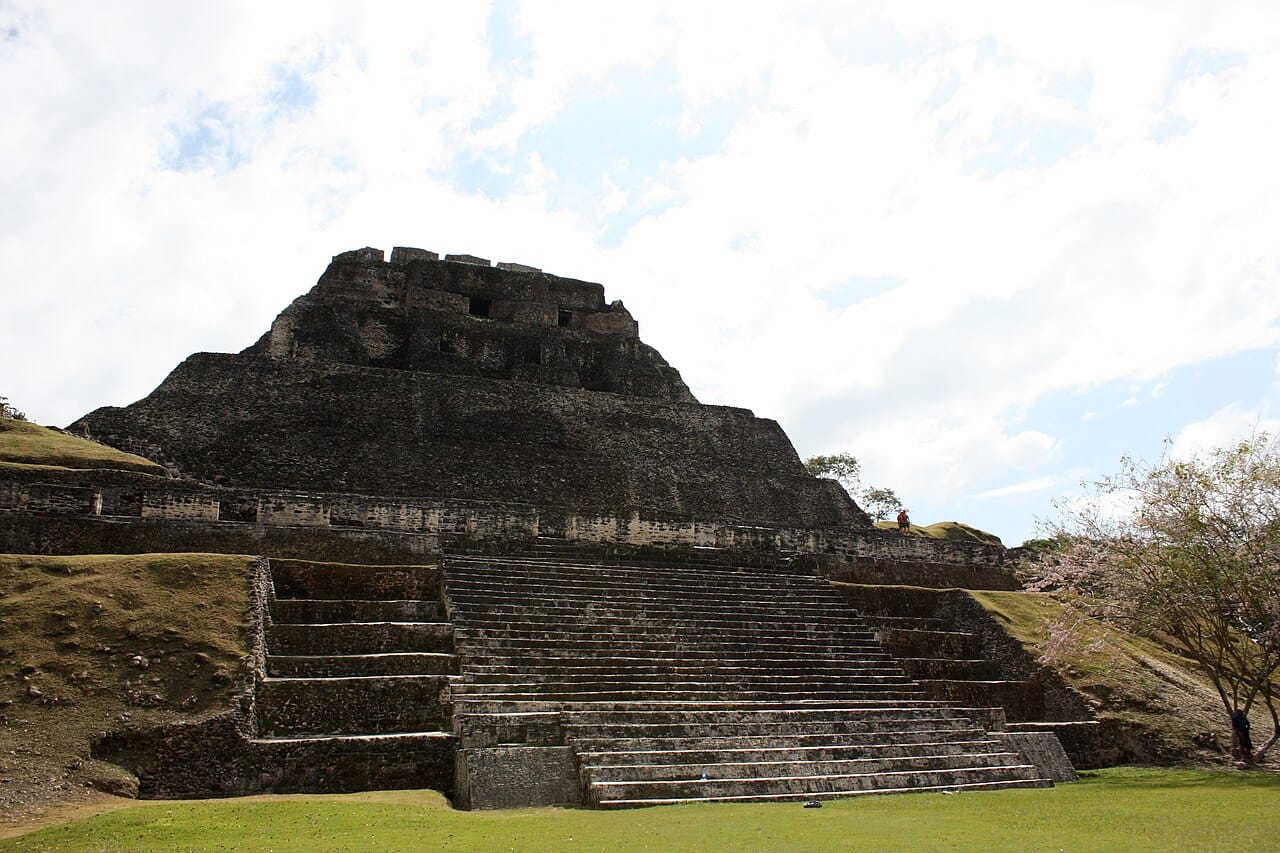 Xunantunich Belize view of El Castillo above the main plaza