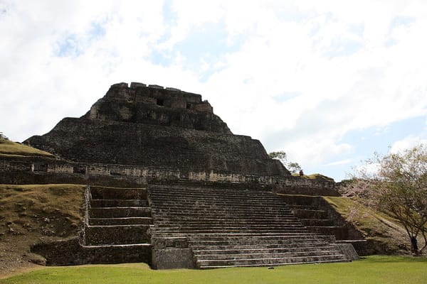 Xunantunich Belize view of El Castillo above the main plaza