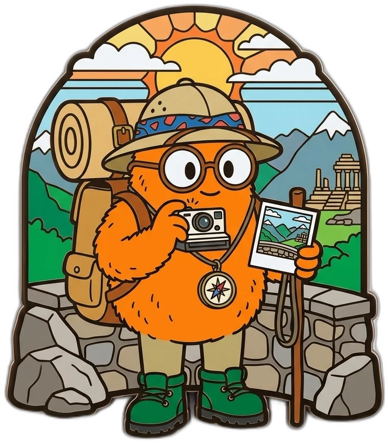 Orange SearchSpot mascot holding a polaroid fridge magnet