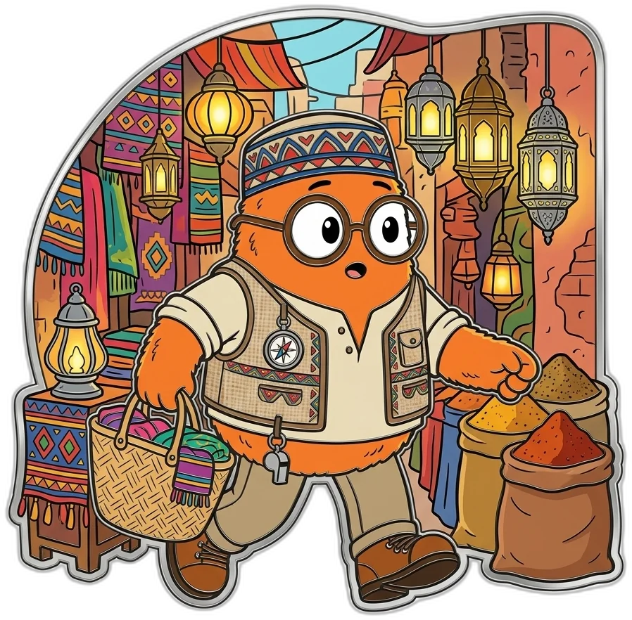 Orange SearchSpot mascot in a bazaar fridge magnet