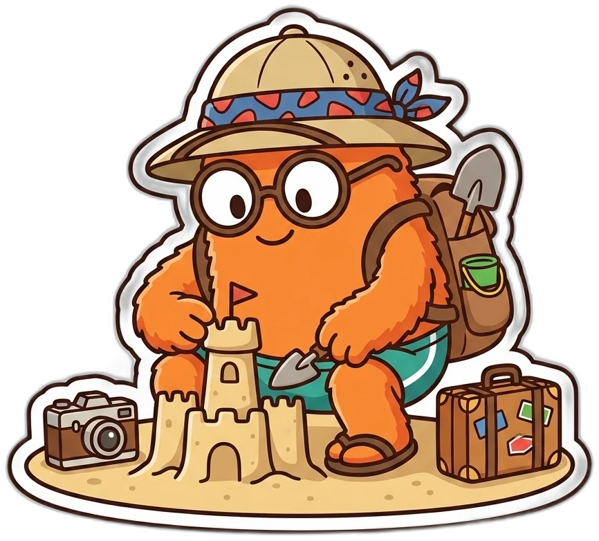 Orange SearchSpot mascot building a sandcastle fridge magnet