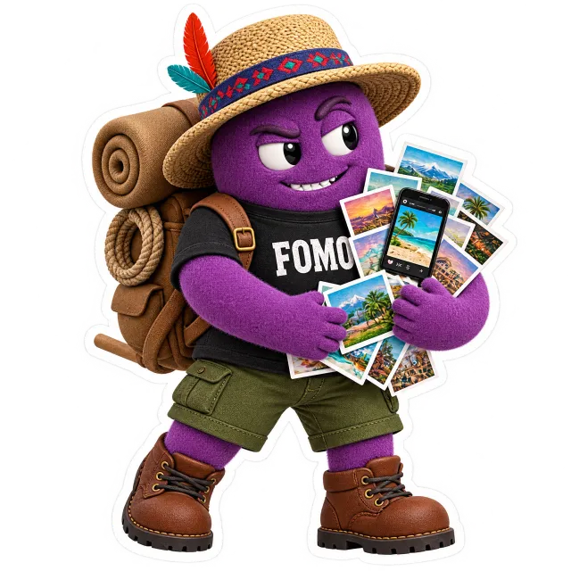 FOMO, a purple creature in a FOMO t-shirt, hoarding travel photos