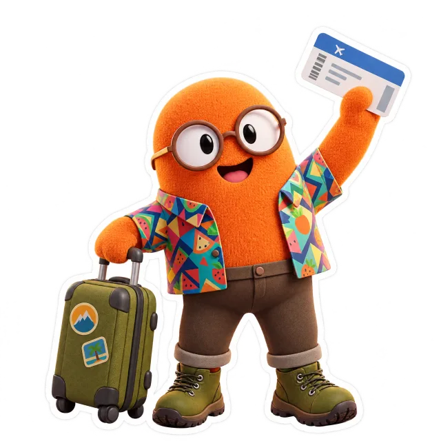 SearchSpot's orange mascot waving a boarding pass beside a packed suitcase